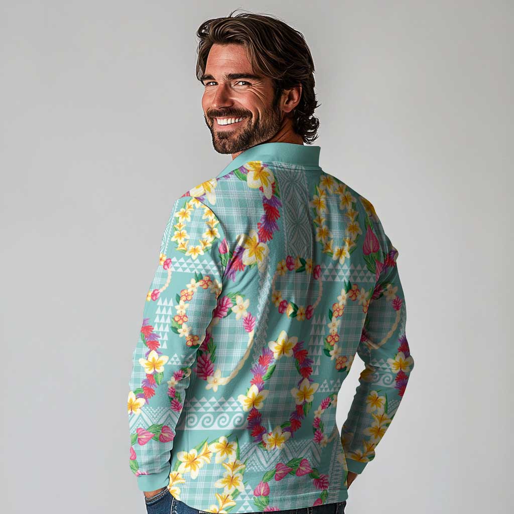 Hawaiian Leis Long Sleeve Polo Shirt Kakau Tattoos and Palaka Pastel Teal Color LT03 - Polynesian Pride