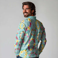 Hawaiian Leis Long Sleeve Polo Shirt Kakau Tattoos and Palaka Pastel Teal Color LT03 - Polynesian Pride