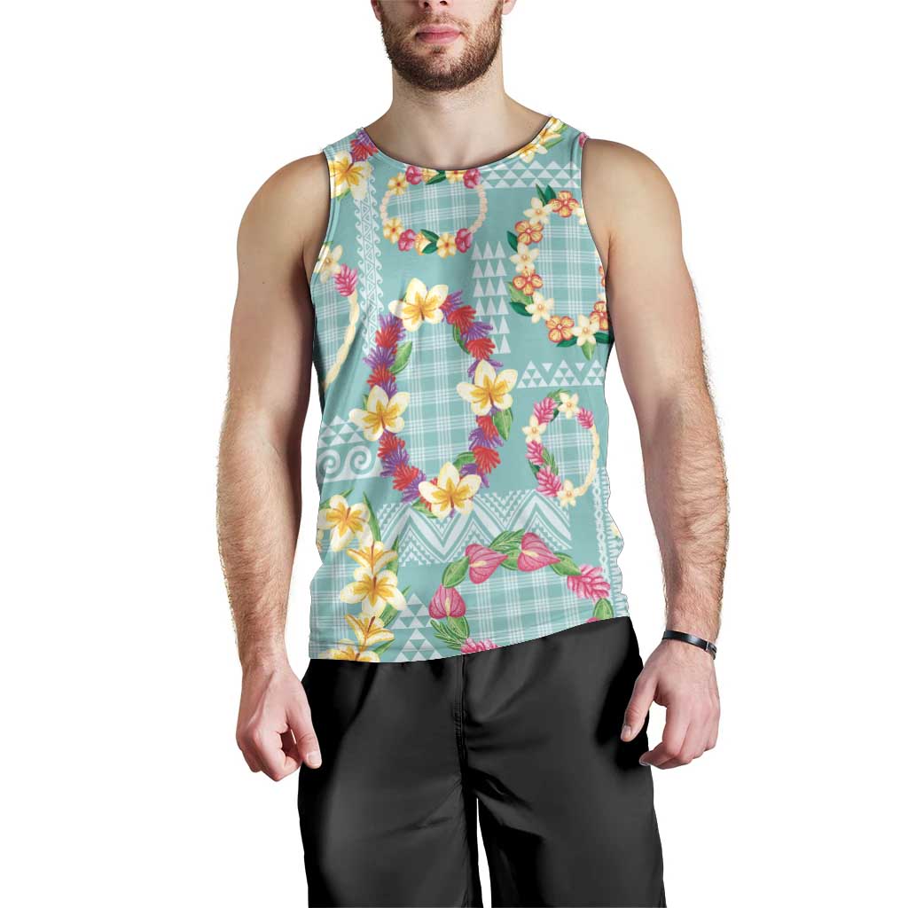 Hawaiian Leis Men Tank Top Kakau Tattoos and Palaka Pastel Teal Color
