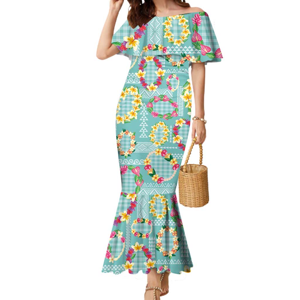 Hawaiian Leis Mermaid Dress Kakau Tattoos and Palaka Pastel Teal Color LT03 Women Teal - Polynesian Pride
