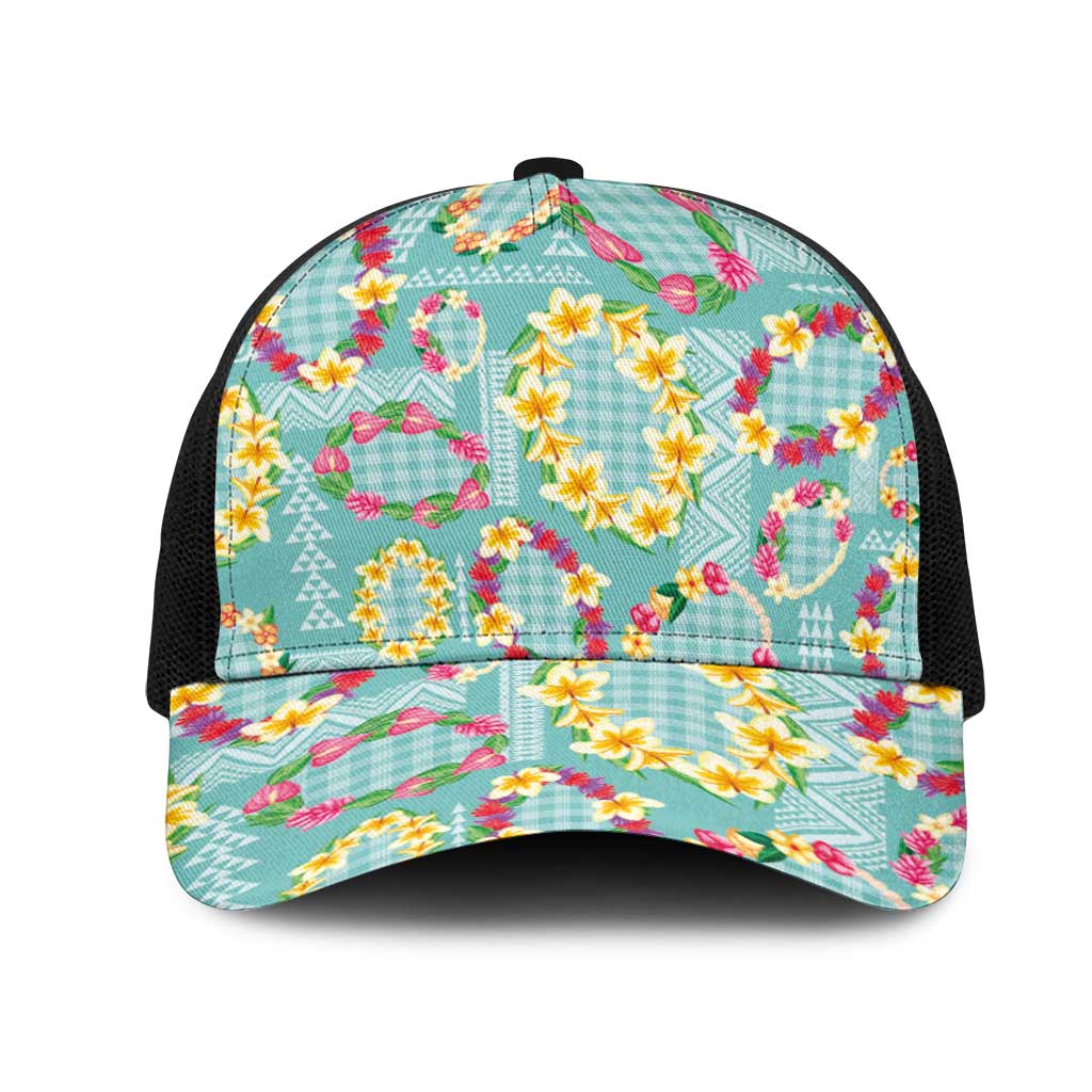 Hawaiian Leis Mesh Trucker Cap Kakau Tattoos and Palaka Pastel Teal Color