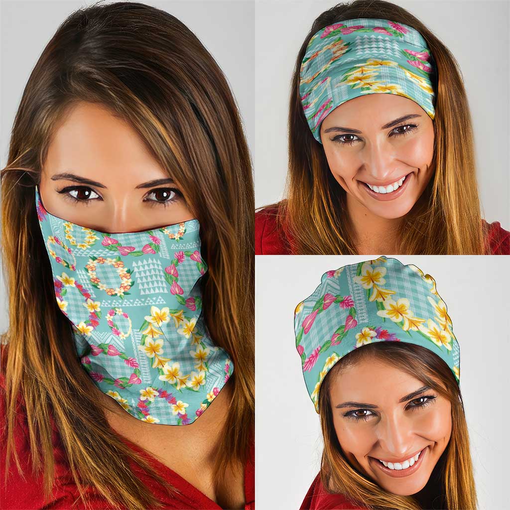 Hawaiian Leis Neck Gaiter Kakau Tattoos and Palaka Pastel Teal Color LT03 - Polynesian Pride