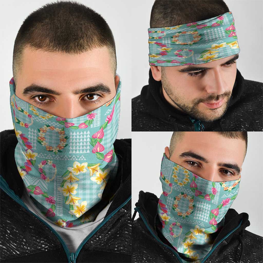 Hawaiian Leis Neck Gaiter Kakau Tattoos and Palaka Pastel Teal Color LT03 - Polynesian Pride