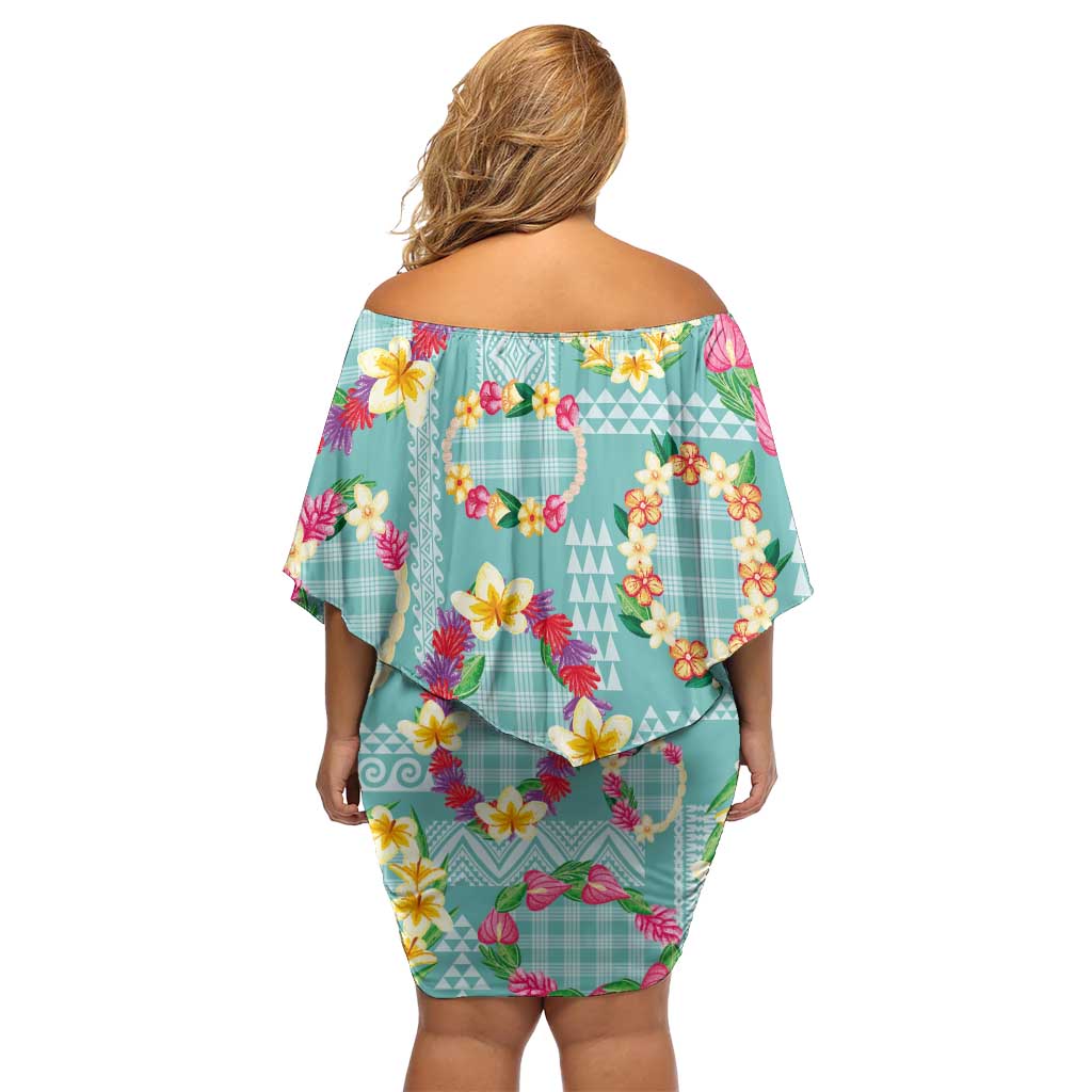 Hawaiian Leis Off Shoulder Short Dress Kakau Tattoos and Palaka Pastel Teal Color