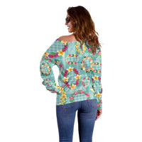 Hawaiian Leis Off Shoulder Sweater Kakau Tattoos and Palaka Pastel Teal Color