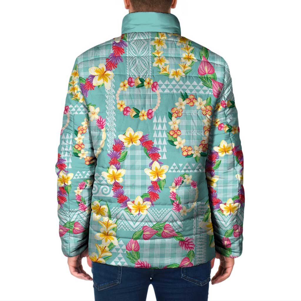 Hawaiian Leis Padded Jacket Kakau Tattoos and Palaka Pastel Teal Color