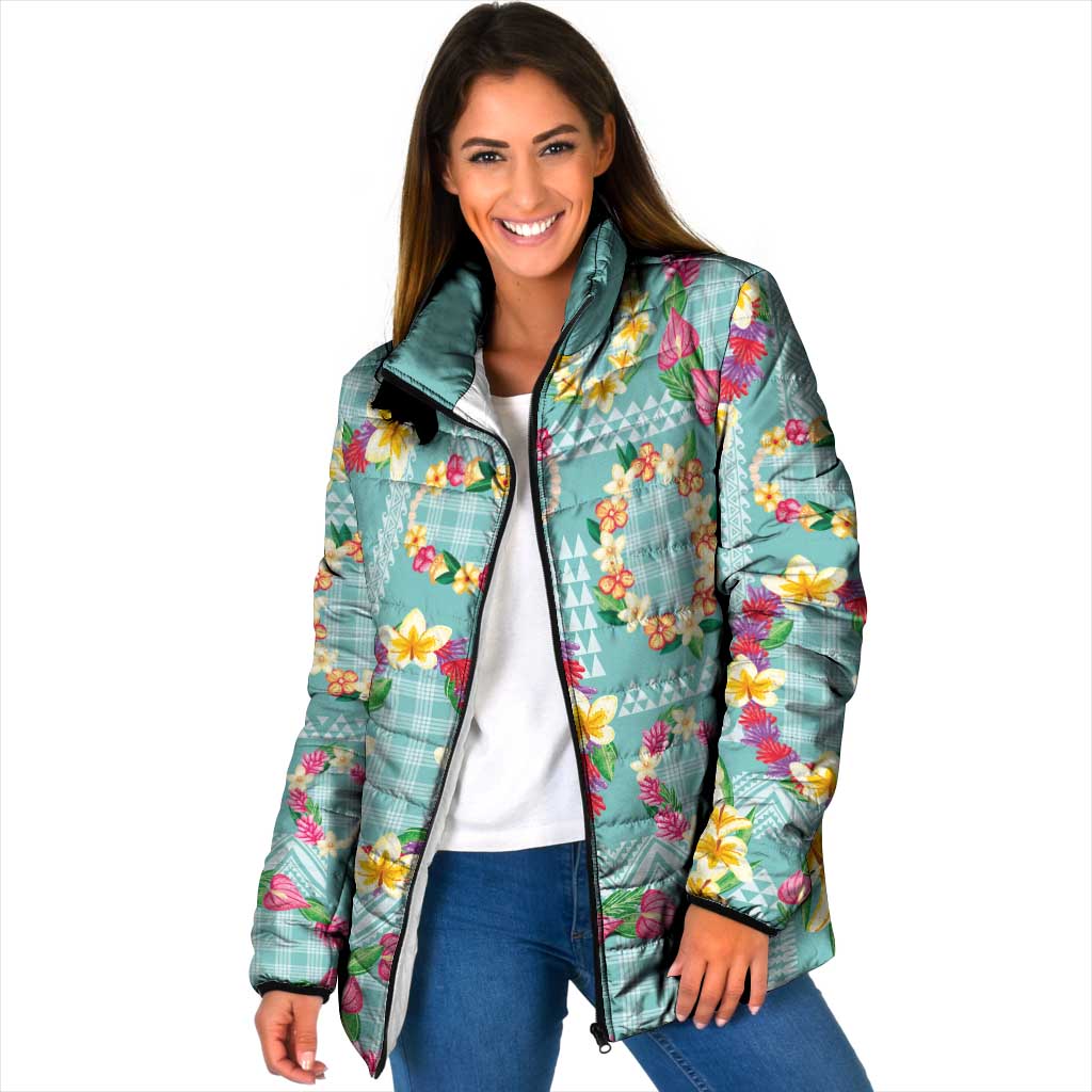 Hawaiian Leis Padded Jacket Kakau Tattoos and Palaka Pastel Teal Color
