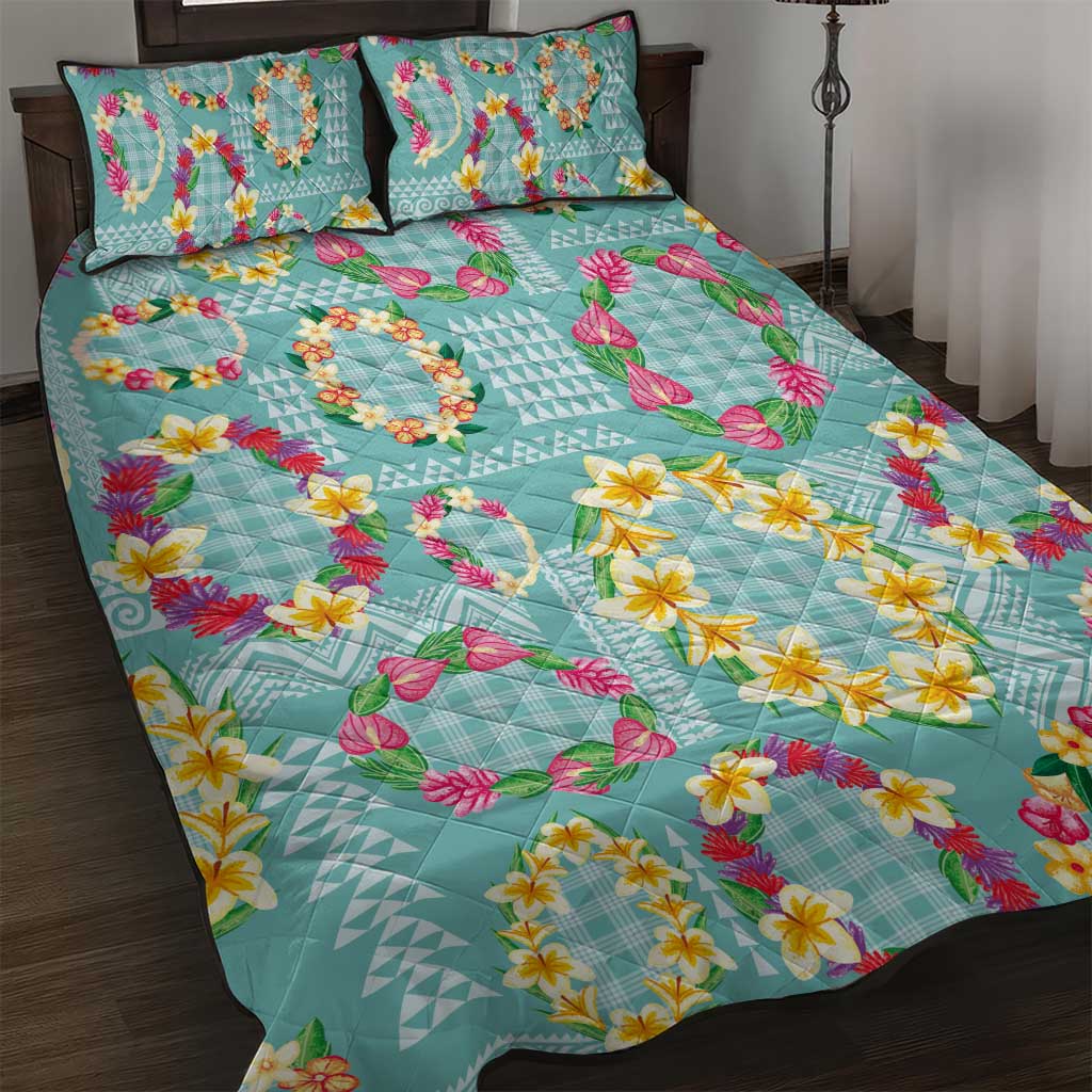 Hawaiian Leis Quilt Bed Set Kakau Tattoos and Palaka Pastel Teal Color LT03 Teal - Polynesian Pride
