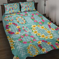 Hawaiian Leis Quilt Bed Set Kakau Tattoos and Palaka Pastel Teal Color LT03 Teal - Polynesian Pride