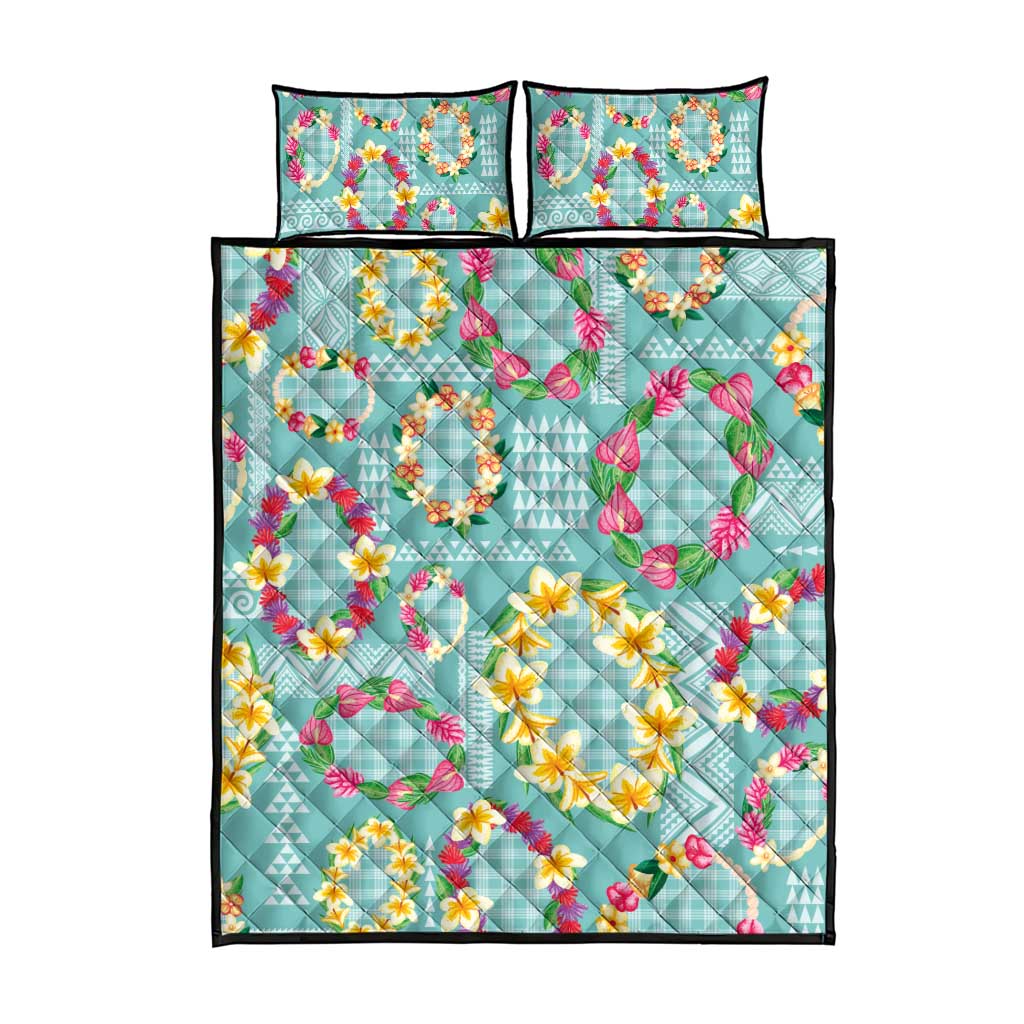 Hawaiian Leis Quilt Bed Set Kakau Tattoos and Palaka Pastel Teal Color LT03 - Polynesian Pride
