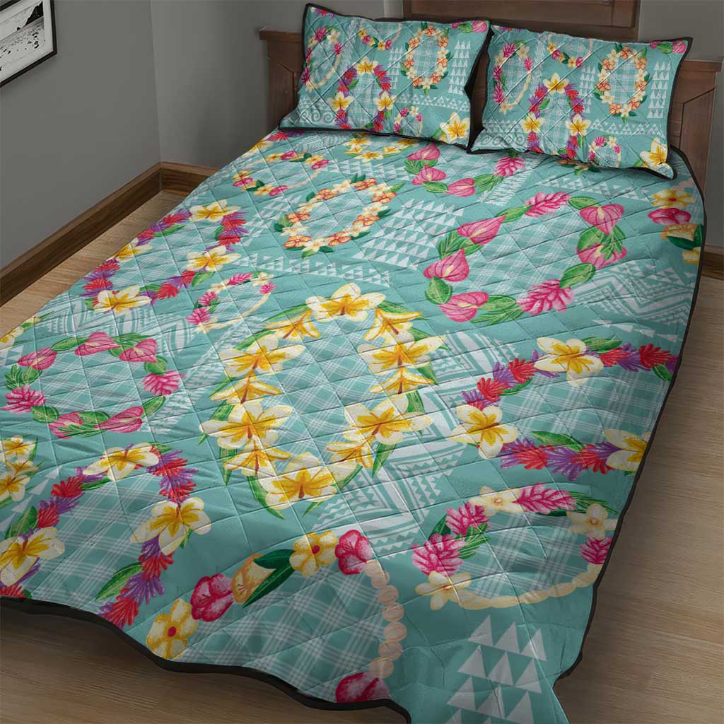Hawaiian Leis Quilt Bed Set Kakau Tattoos and Palaka Pastel Teal Color LT03 - Polynesian Pride