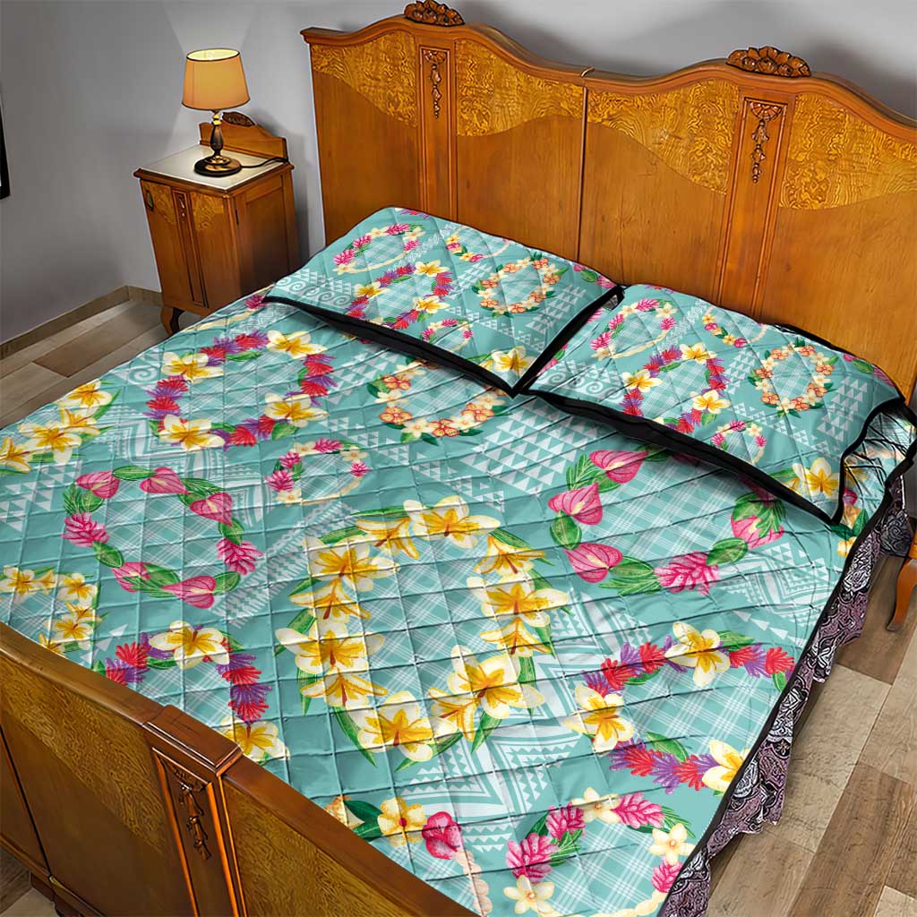 Hawaiian Leis Quilt Bed Set Kakau Tattoos and Palaka Pastel Teal Color LT03 - Polynesian Pride