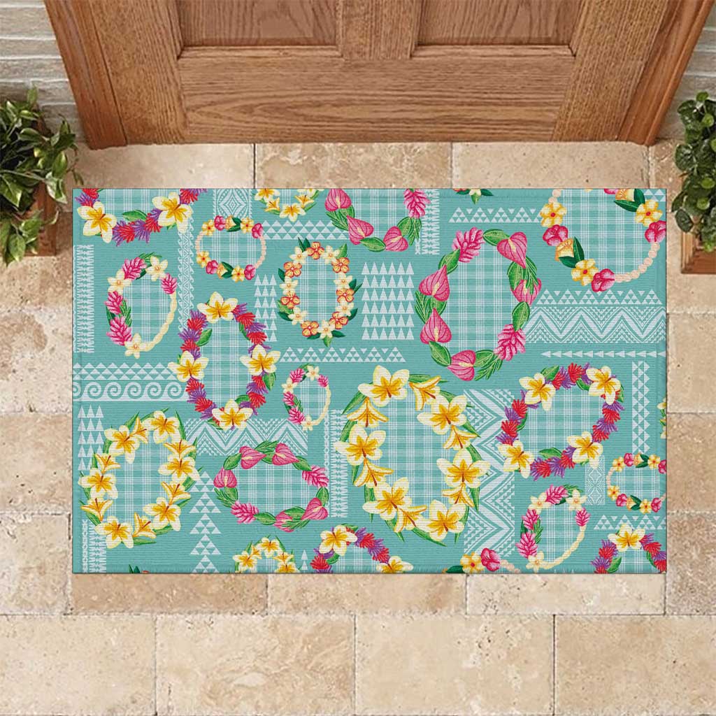 Hawaiian Leis Rubber Doormat Kakau Tattoos and Palaka Pastel Teal Color