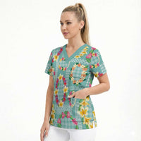 Hawaiian Leis Scrub Top Kakau Tattoos and Palaka Pastel Teal Color