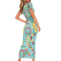 Hawaiian Leis Short Sleeve Bodycon Dress Kakau Tattoos and Palaka Pastel Teal Color LT03 - Polynesian Pride