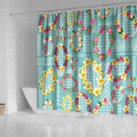 Hawaiian Leis Shower Curtain Kakau Tattoos and Palaka Pastel Teal Color