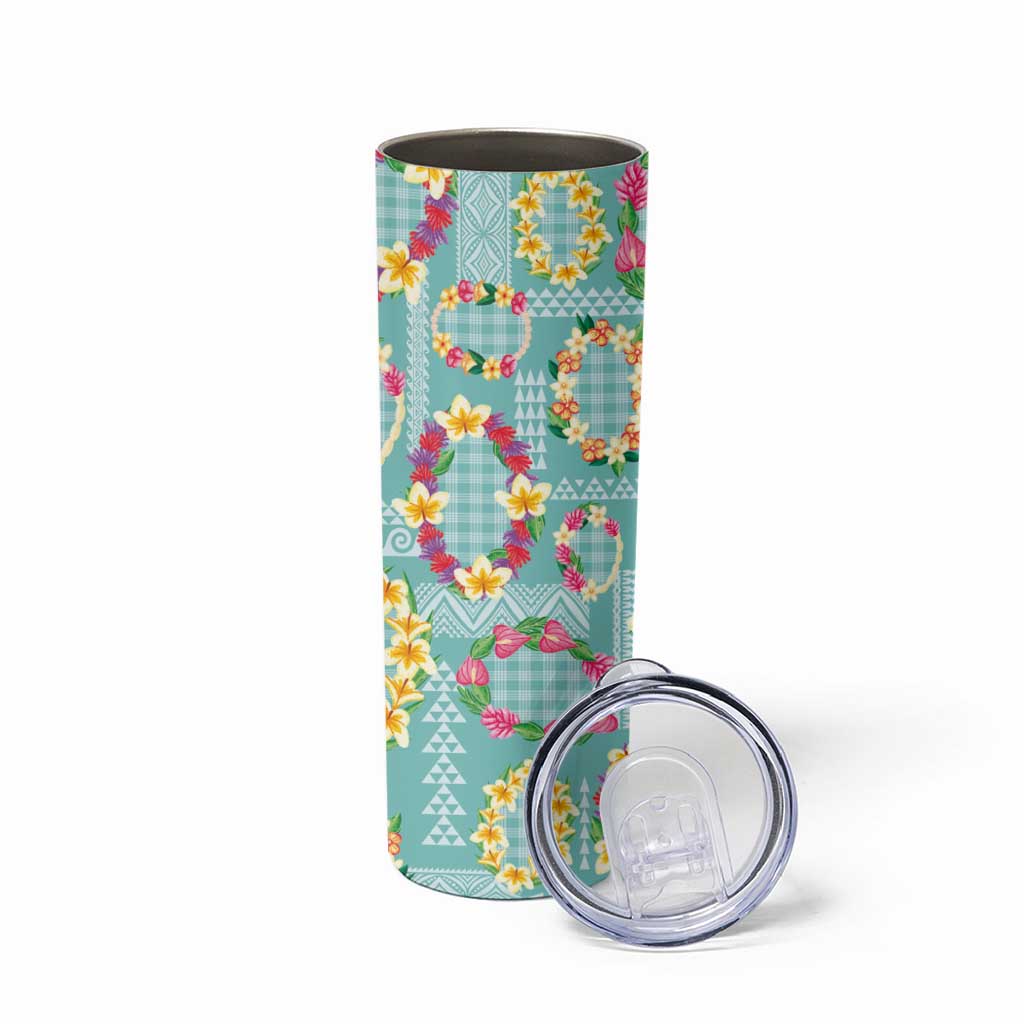 Hawaiian Leis Skinny Tumbler Kakau Tattoos and Palaka Pastel Teal Color LT03 - Polynesian Pride