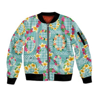 Hawaiian Leis Sleeve Zip Bomber Jacket Kakau Tattoos and Palaka Pastel Teal Color LT03 Unisex Teal - Polynesian Pride