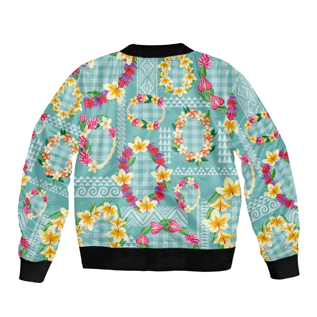 Hawaiian Leis Sleeve Zip Bomber Jacket Kakau Tattoos and Palaka Pastel Teal Color LT03 - Polynesian Pride