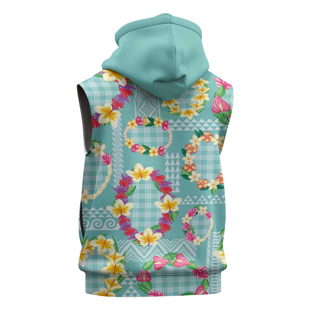 Hawaiian Leis Sleeveless Hoodie Kakau Tattoos and Palaka Pastel Teal Color LT03 - Polynesian Pride