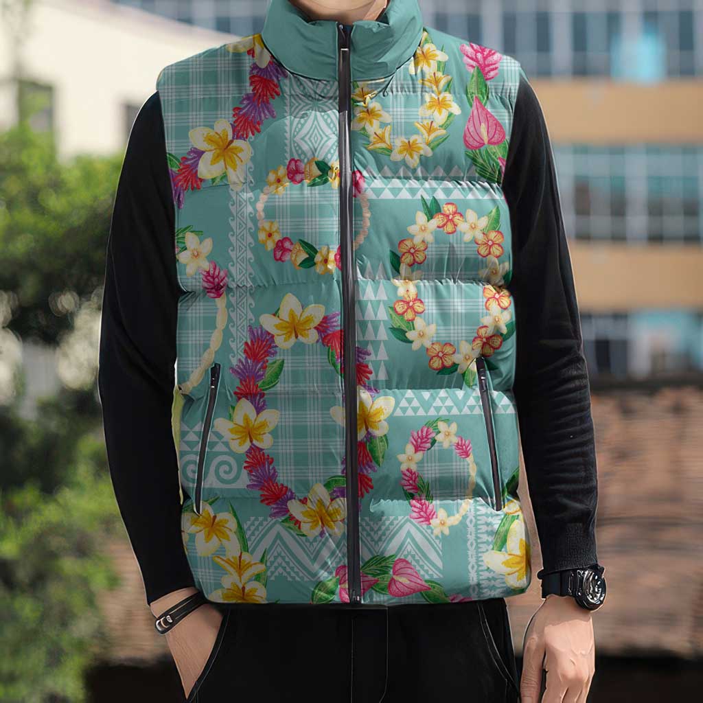 Hawaiian Leis Sleeveless Puffer Jacket Kakau Tattoos and Palaka Pastel Teal Color