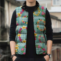 Hawaiian Leis Sleeveless Puffer Jacket Kakau Tattoos and Palaka Pastel Teal Color