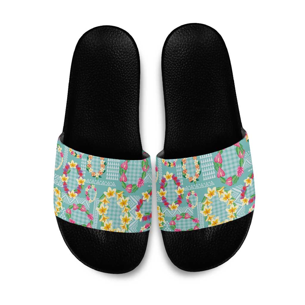 Hawaiian Leis Slide Sandals Kakau Tattoos and Palaka Pastel Teal Color LT03 Teal - Polynesian Pride