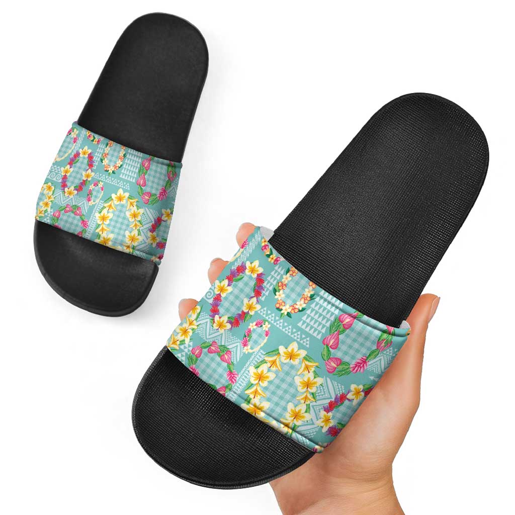 Hawaiian Leis Slide Sandals Kakau Tattoos and Palaka Pastel Teal Color LT03 - Polynesian Pride