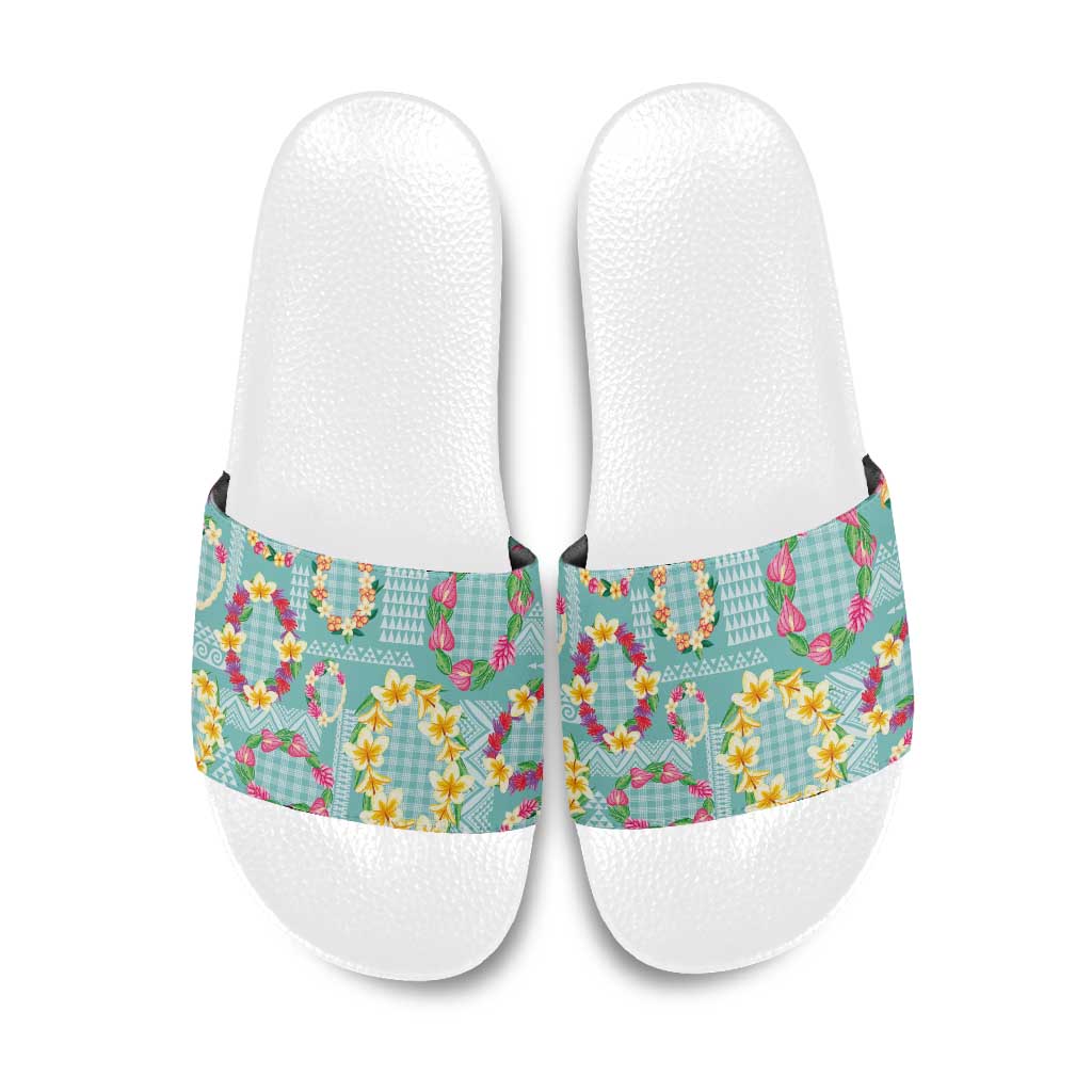 Hawaiian Leis Slide Sandals Kakau Tattoos and Palaka Pastel Teal Color LT03 Teal - Polynesian Pride