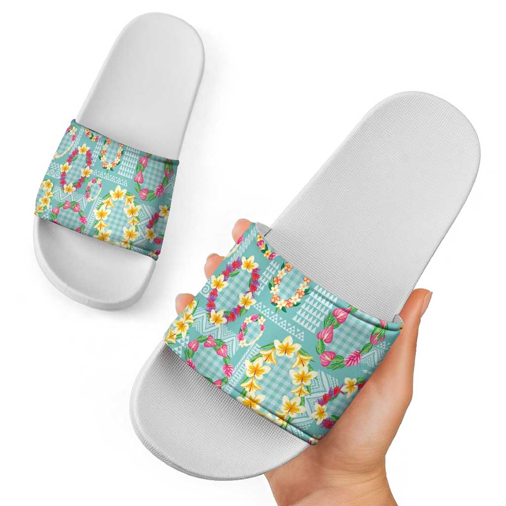 Hawaiian Leis Slide Sandals Kakau Tattoos and Palaka Pastel Teal Color LT03 - Polynesian Pride