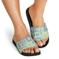 Hawaiian Leis Slide Sandals Kakau Tattoos and Palaka Pastel Teal Color LT03 - Polynesian Pride