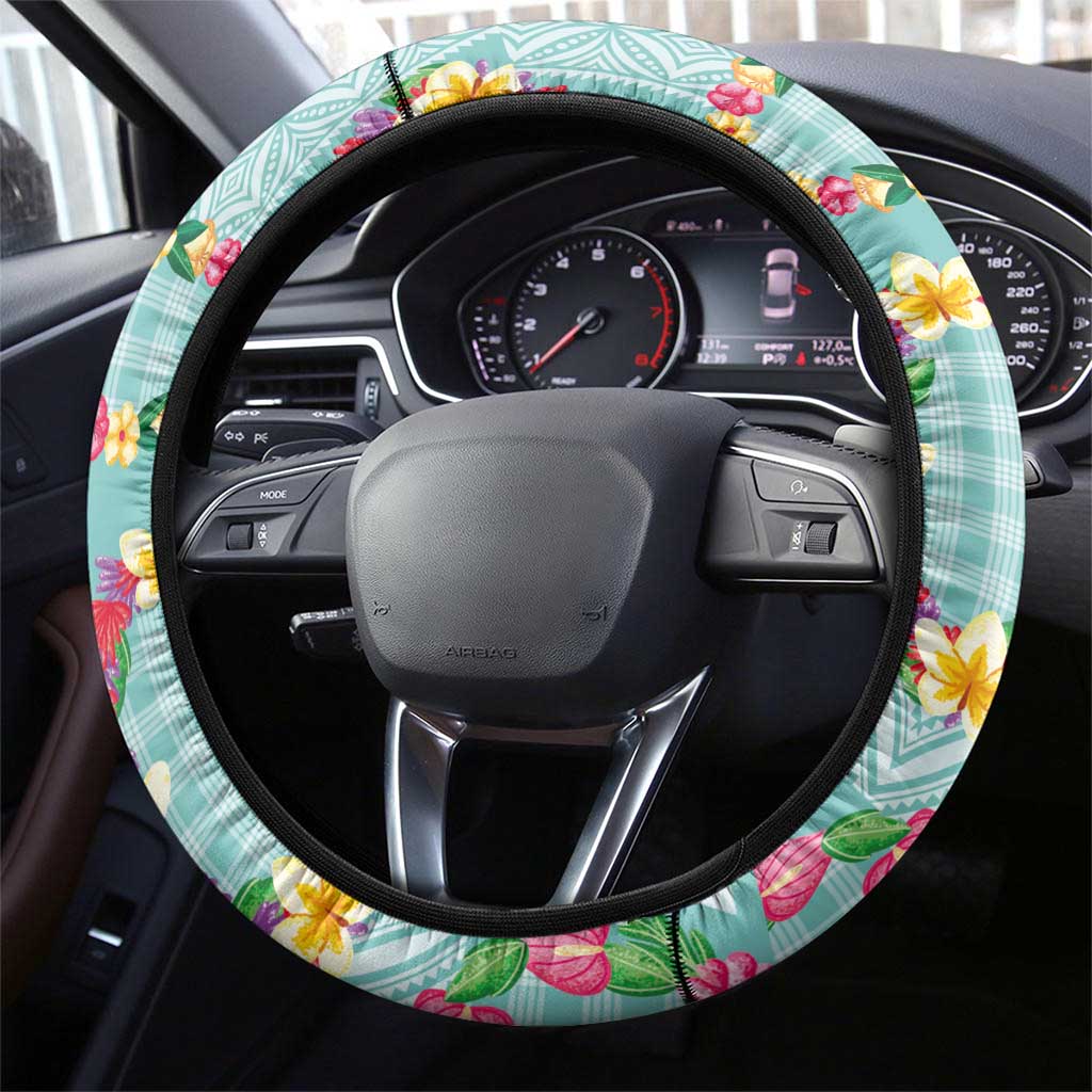 Hawaiian Leis Steering Wheel Cover Kakau Tattoos and Palaka Pastel Teal Color