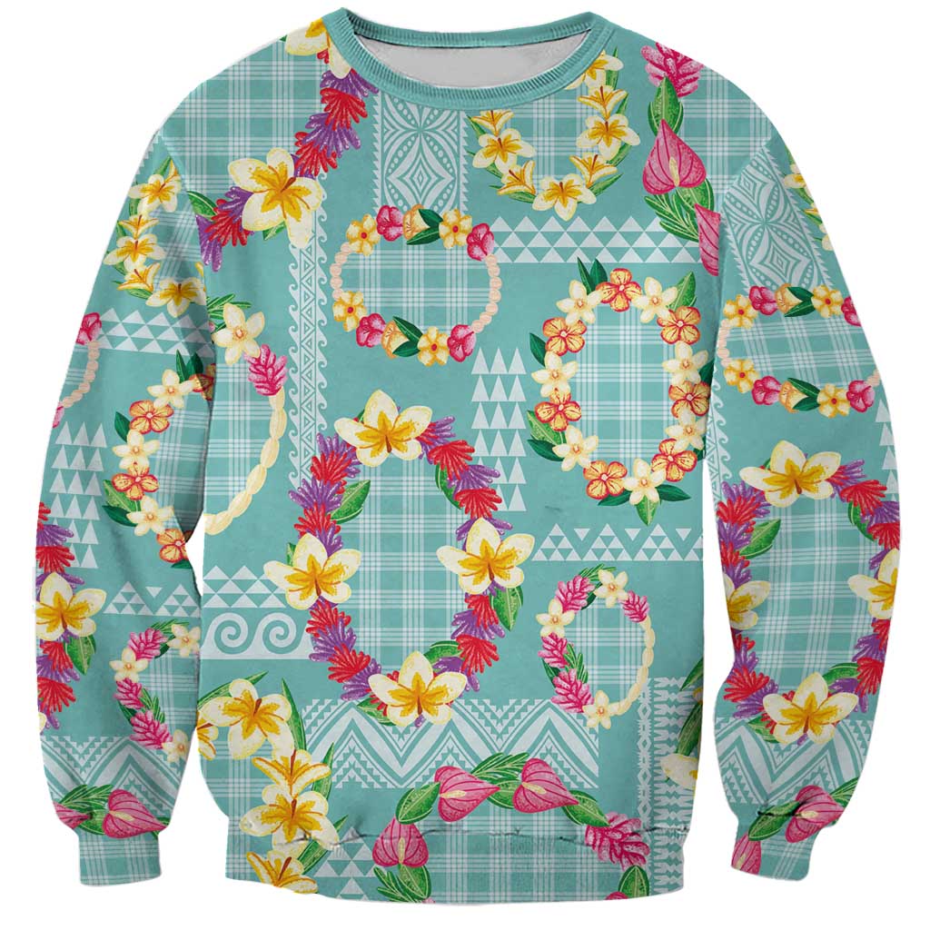 Hawaiian Leis Sweatshirt Kakau Tattoos and Palaka Pastel Teal Color