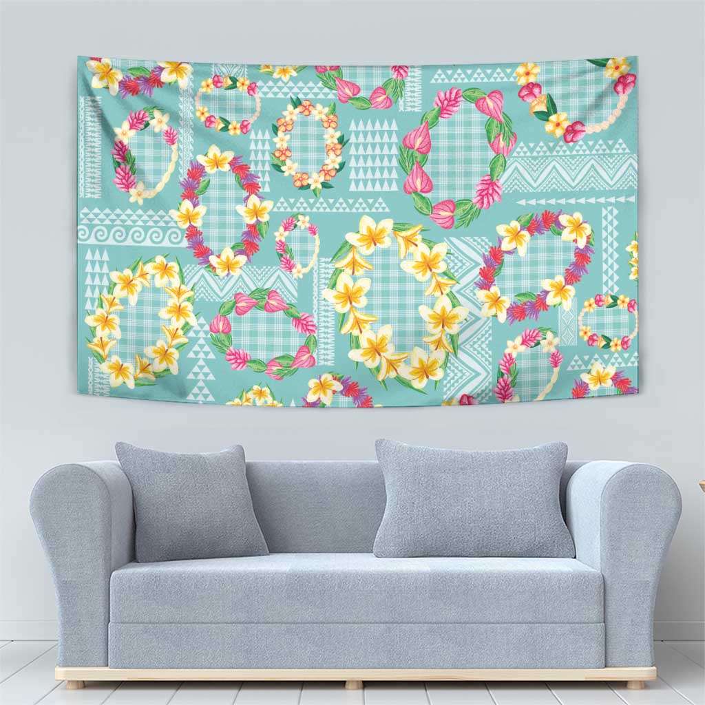 Hawaiian Leis Tapestry Kakau Tattoos and Palaka Pastel Teal Color