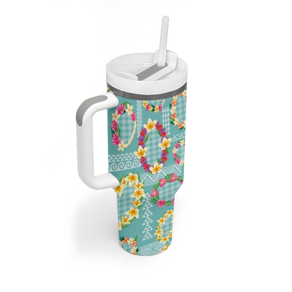 Hawaiian Leis Tumbler With Handle Kakau Tattoos and Palaka Pastel Teal Color