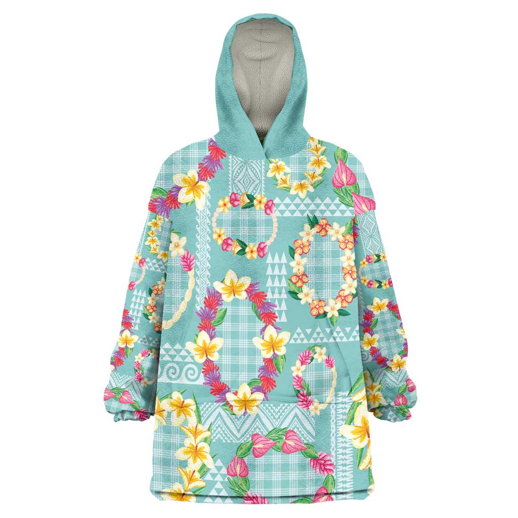 Hawaiian Leis Wearable Blanket Hoodie Kakau Tattoos and Palaka Pastel Teal Color LT03 One Size Teal - Polynesian Pride