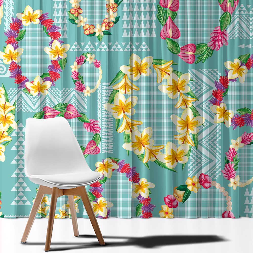 Hawaiian Leis Window Curtain Kakau Tattoos and Palaka Pastel Teal Color