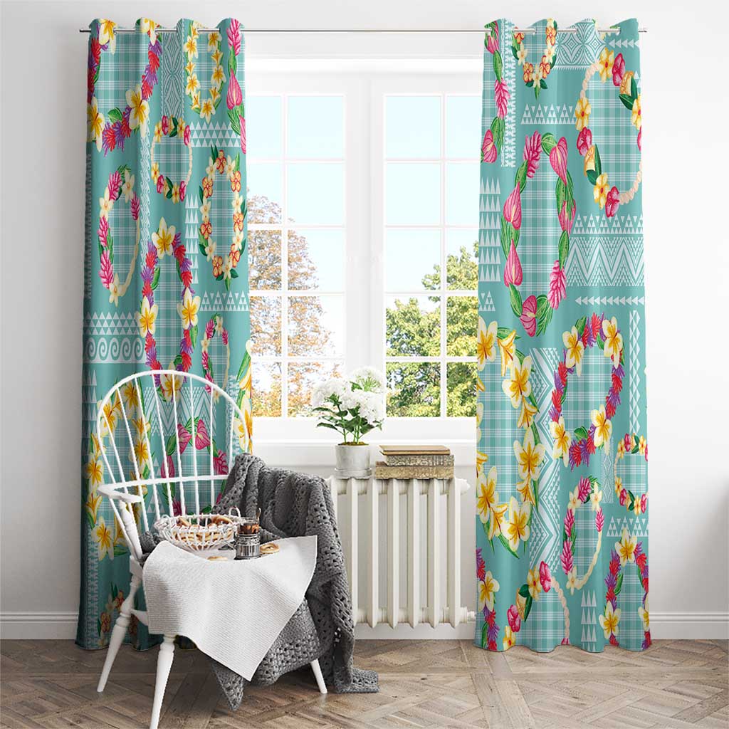 Hawaiian Leis Window Curtain Kakau Tattoos and Palaka Pastel Teal Color