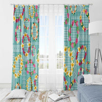 Hawaiian Leis Window Curtain Kakau Tattoos and Palaka Pastel Teal Color