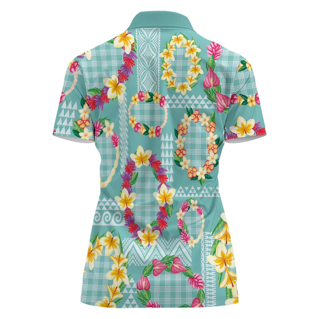 Hawaiian Leis Women Polo Shirt Kakau Tattoos and Palaka Pastel Teal Color LT03 - Polynesian Pride