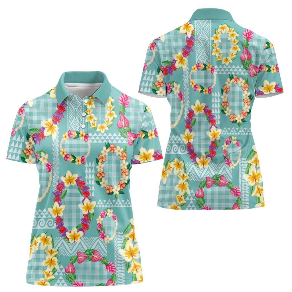 Hawaiian Leis Women Polo Shirt Kakau Tattoos and Palaka Pastel Teal Color LT03 - Polynesian Pride