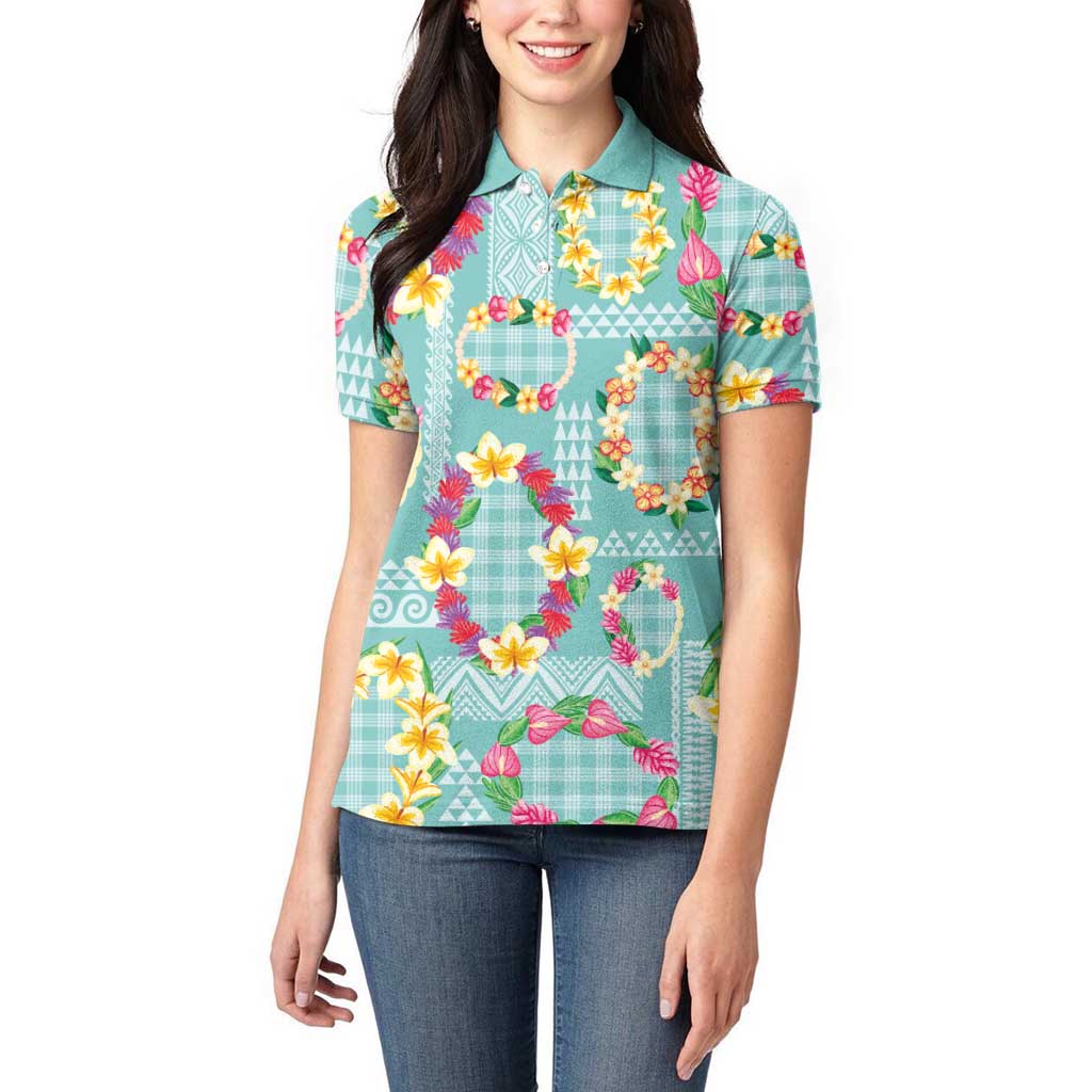 Hawaiian Leis Women Polo Shirt Kakau Tattoos and Palaka Pastel Teal Color LT03 - Polynesian Pride