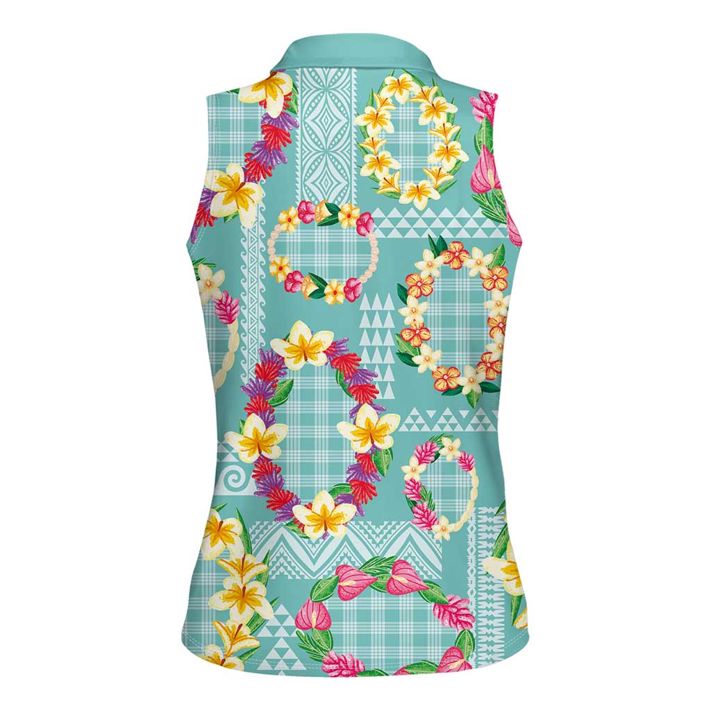 Hawaiian Leis Women Sleeveless Polo Shirt Kakau Tattoos and Palaka Pastel Teal Color LT03 - Polynesian Pride