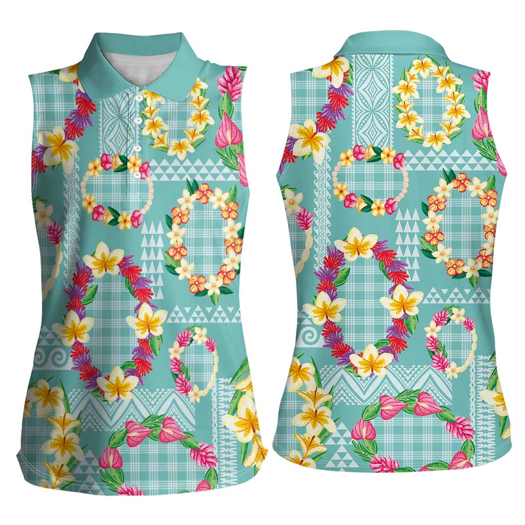Hawaiian Leis Women Sleeveless Polo Shirt Kakau Tattoos and Palaka Pastel Teal Color LT03 - Polynesian Pride