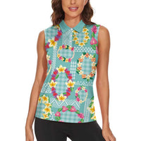Hawaiian Leis Women Sleeveless Polo Shirt Kakau Tattoos and Palaka Pastel Teal Color LT03 - Polynesian Pride