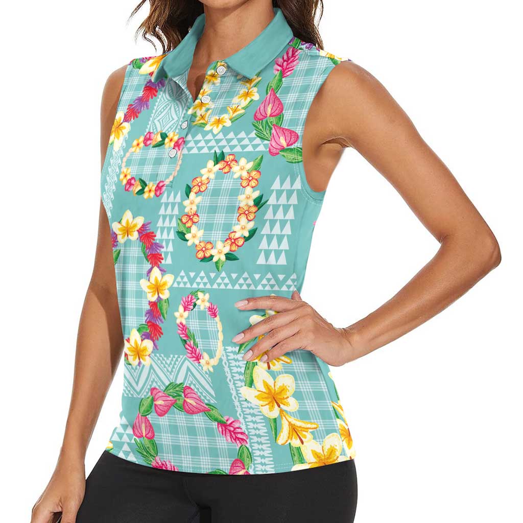 Hawaiian Leis Women Sleeveless Polo Shirt Kakau Tattoos and Palaka Pastel Teal Color LT03 - Polynesian Pride
