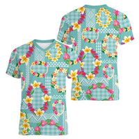 Hawaiian Leis Women V-Neck T-Shirt Kakau Tattoos and Palaka Pastel Teal Color LT03 - Polynesian Pride