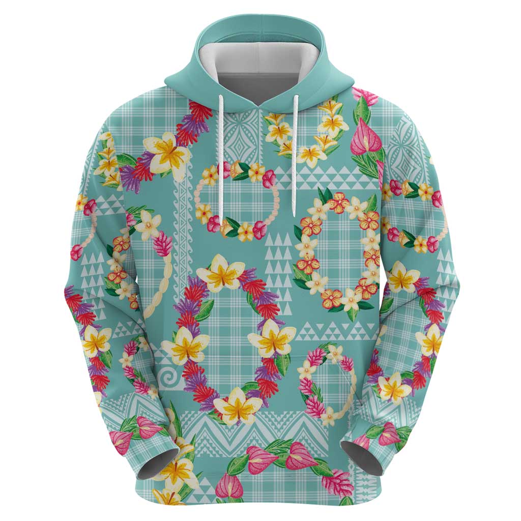 Hawaiian Leis Zip Hoodie Kakau Tattoos and Palaka Pastel Teal Color
