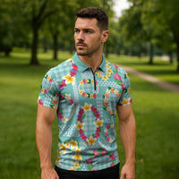 Hawaiian Leis Zipper Polo Shirt Kakau Tattoos and Palaka Pastel Teal Color LT03 - Polynesian Pride