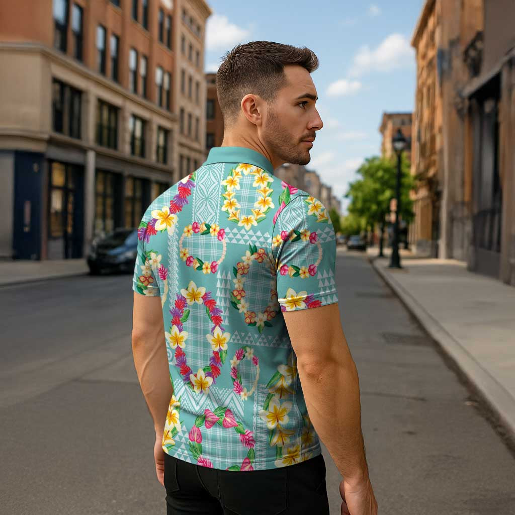 Hawaiian Leis Zipper Polo Shirt Kakau Tattoos and Palaka Pastel Teal Color LT03 - Polynesian Pride